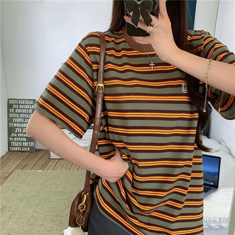 American Retro Striped Short-sleeved T-shirts Women's Preppy Style Summer Casual Loose Casual Versatile and Thin T Shirt Y2k Tops