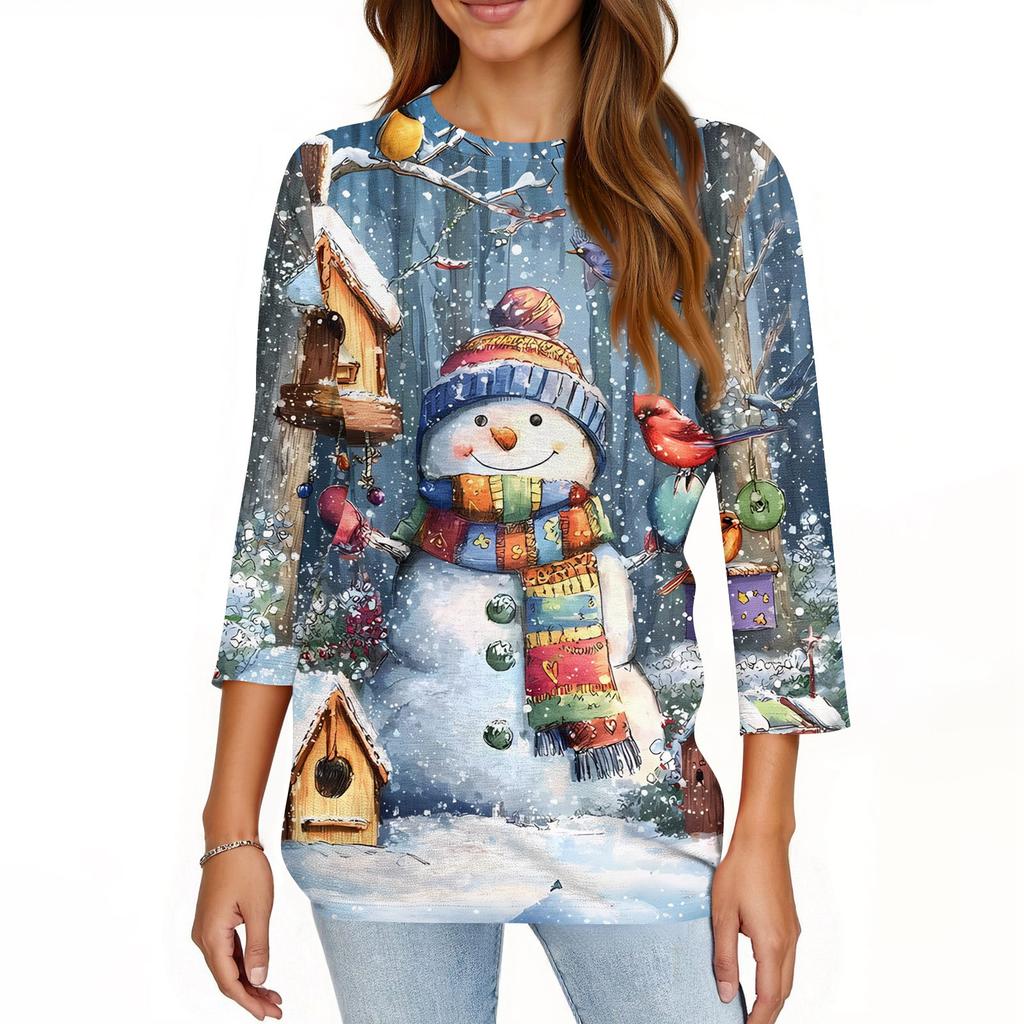 Women's Fashionable Casual Three Quarter Sleeve Christmas Printed Collar Pullover Top