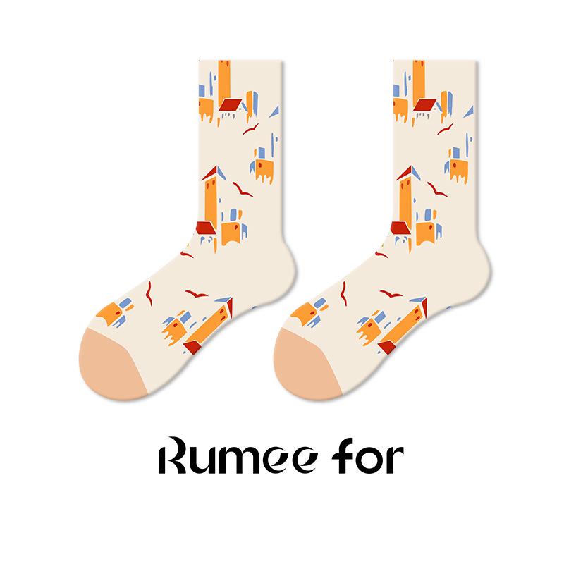 

Женские ретро носки до середины икры с масляной живописью - Осенний тренд 2025, бесшовный дизайн для пар One Size 35-42