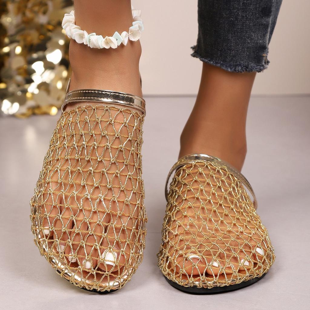 Bling Gold Silver Crochet Net Mule Slippers Woman Brand Design Mesh Flat Sandals Ladies Summer Elegant Hollow Out Fishnet Shoes