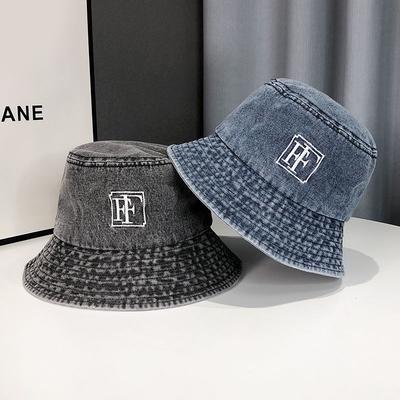 Hat Women's Retro Washed Denim Bucket Hat Big Head Circumference Washbasin Hat Embroidery Versatile Bucket Hat