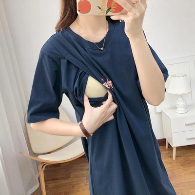 Long Summer Maternity Dress: Loose Fit, Short Sleeve, Pure Cotton Nursing Top for Postpartum.