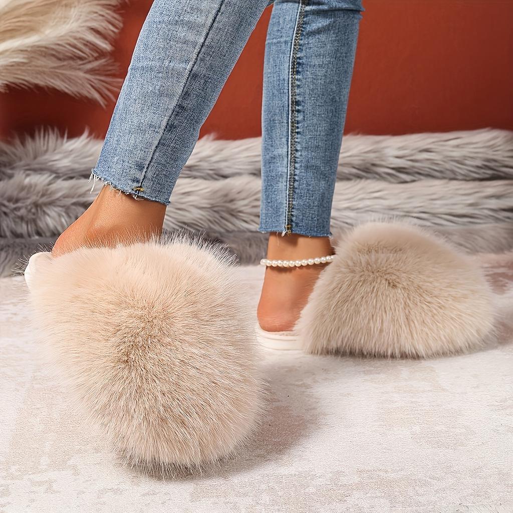 1 Pair Elegant Faux Fur Slippers for Women, Indoor/Outdoor House Shoes, Korean Style Warm Flat Non-Slip Rubber Sole, Pure Color, Fabric Lined