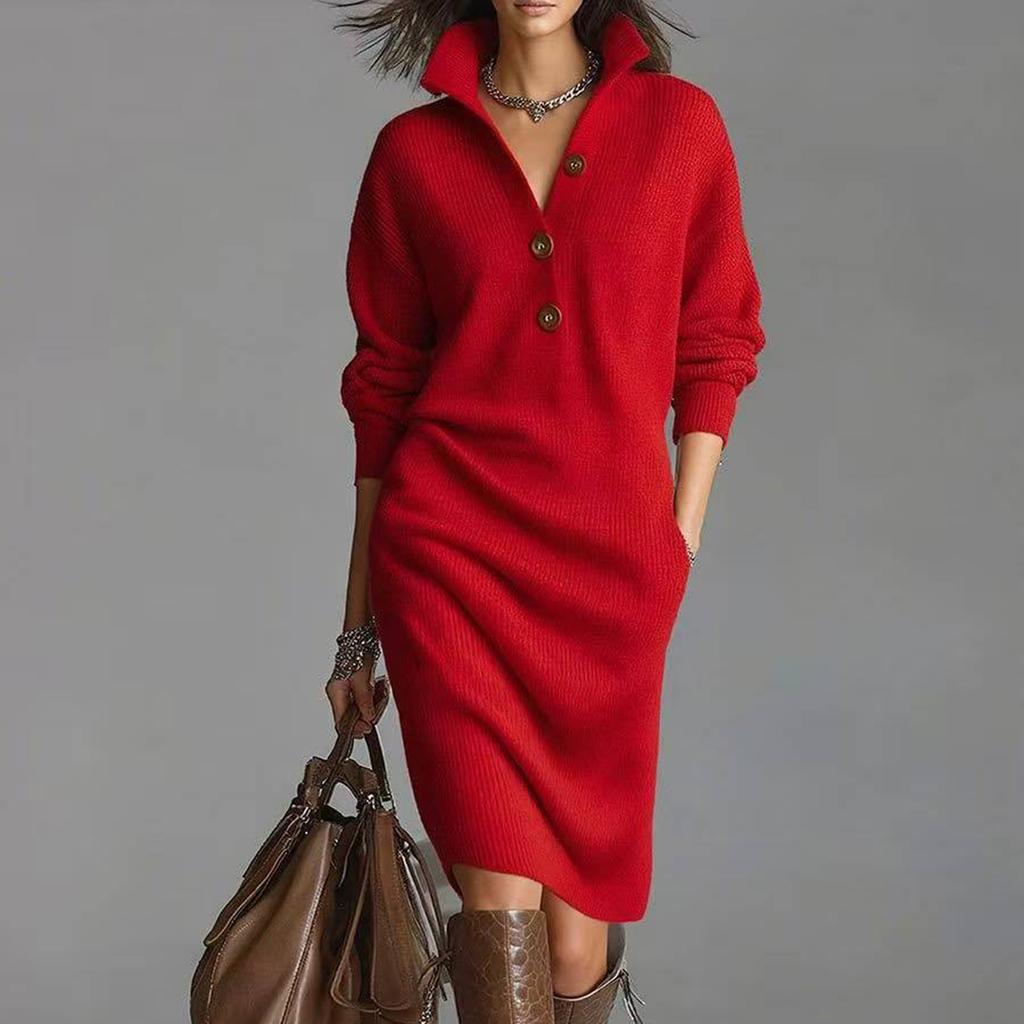 Damenkleid, Knielanges Strickkleid, Langes, lockeres Strickkleid in Unifarbe