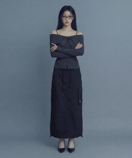 Ineodeijeu Nylon Cargo Long Skirt (Black)