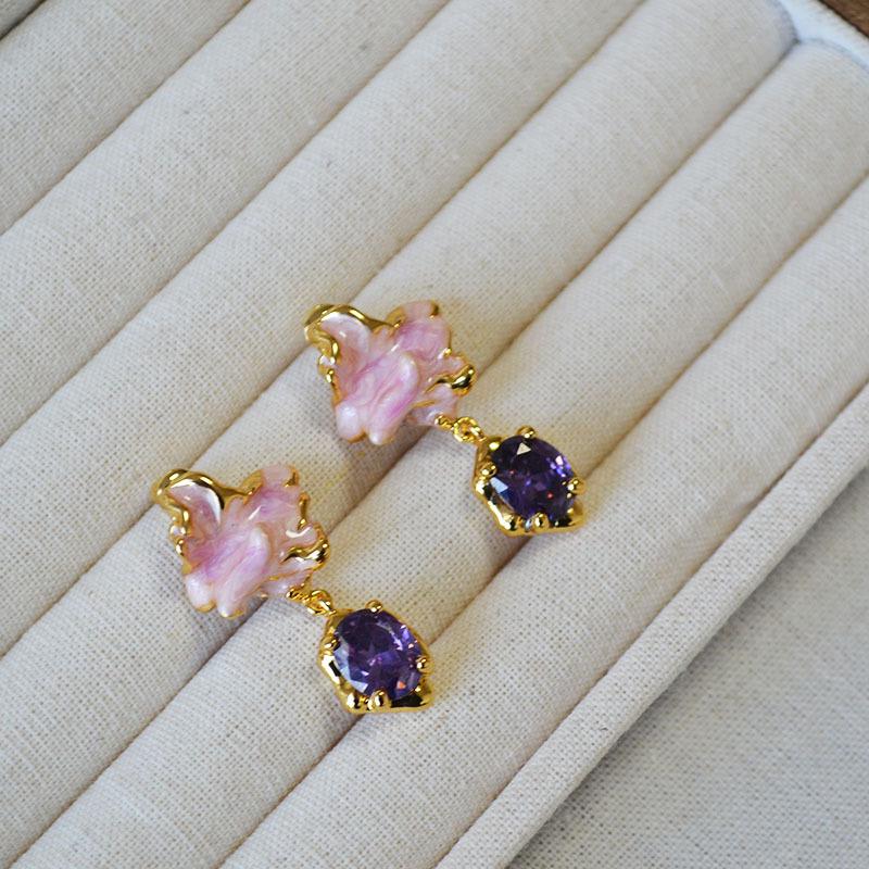 Pink Enamel Flower Earrings with Purple Zircon & 925 Silver