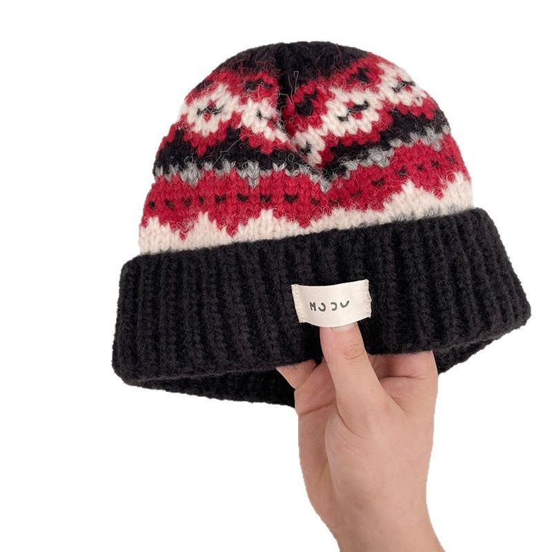 New Fair Isle Style Knitted Hat for Women in Autumn and Winter Loose Large Head Circumference Cold Hat Warm Ear Protection Hat Revealing Face Wool Hat
