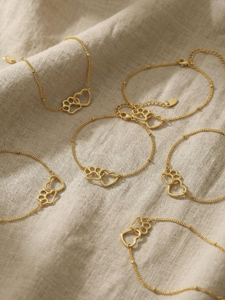 Stainless Steel Gold-Plated Cat Paw Heart Chain Bracelet - Cute & Versatile Fashion Accessory