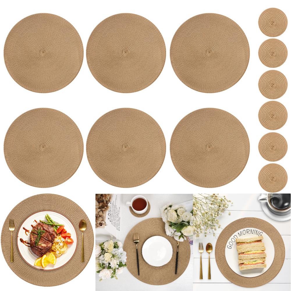 Set of 6 Round Braided Table Mat Washable Placemats Non Slip Heat Resistant for Kitchen Dining Tables Pad With 6Pc Cup Coasters