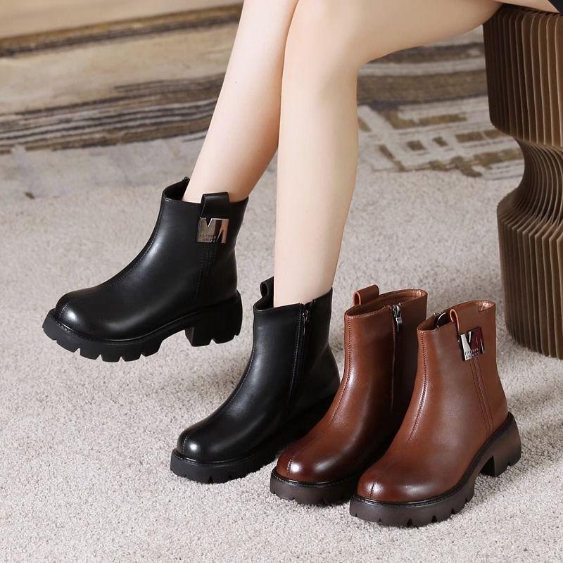 Winter Women Shoes Round Toe Chunky Heel Boots  Leather Shoes for Women Warm Wool Snow Boots Zipper Platform Shoes Wome