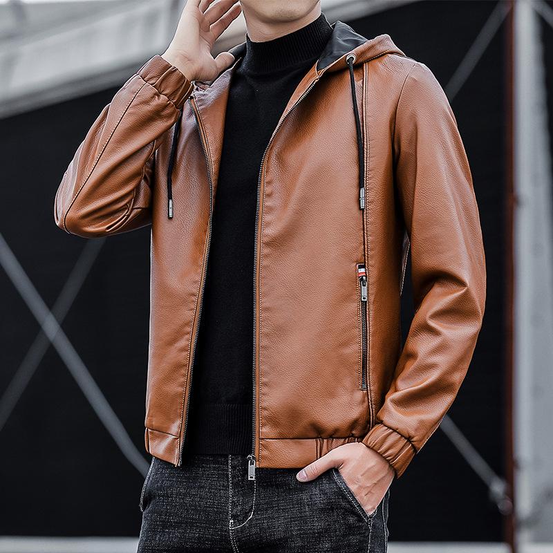 Pánská kožená bunda Pu kožená bunda Pánská s kapucí Slim Fit Korejský styl Motocyklová ležérní bunda
