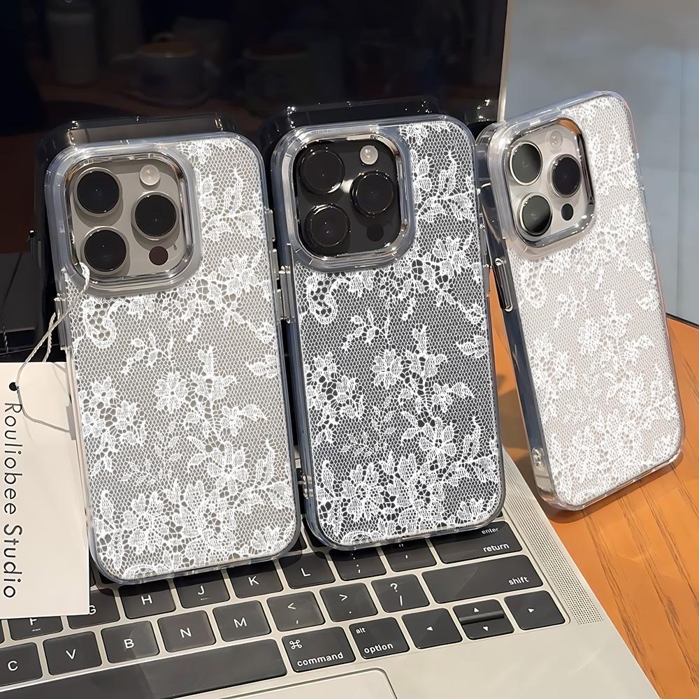 White Lace Phone Case For Iphone 17E 16E 17Air 11 12 13 14 Plus 15 16 17 Pro Max Coque  Cover Funda Simplicity Metal Photo Frame