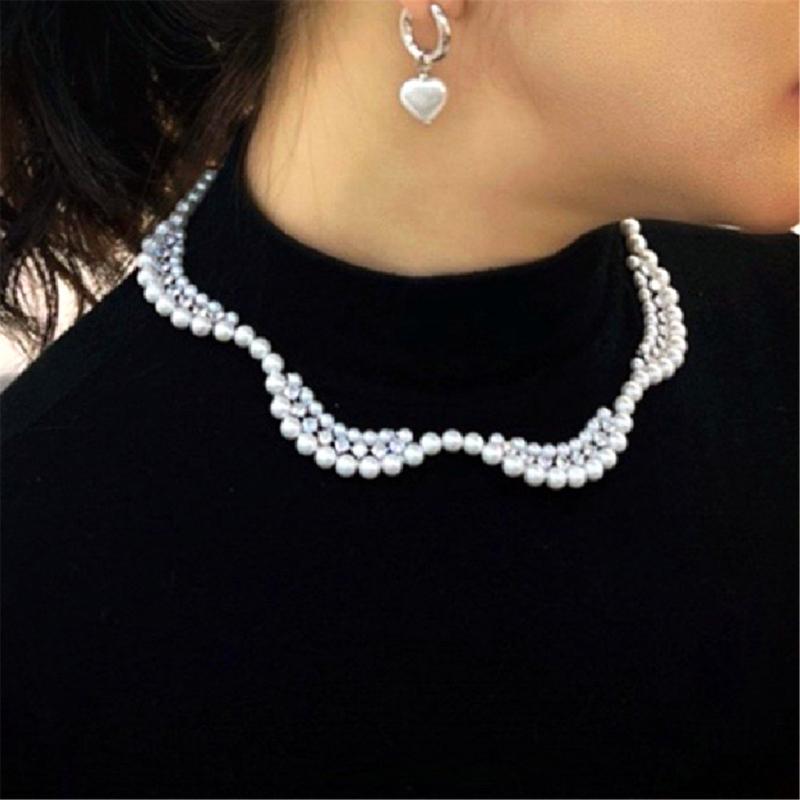 Imitation Pearls Beaded Necklace with Zircon Multi-layered Clavicle Chain Fashionable Jewelry for Everyday Outfits