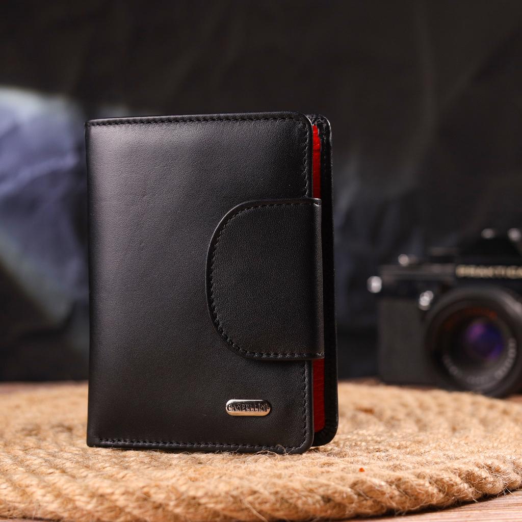 Удобный вертикальный женский кошек из натуральной гладкой кожи CANPELLINI Wallet 21683 Черный