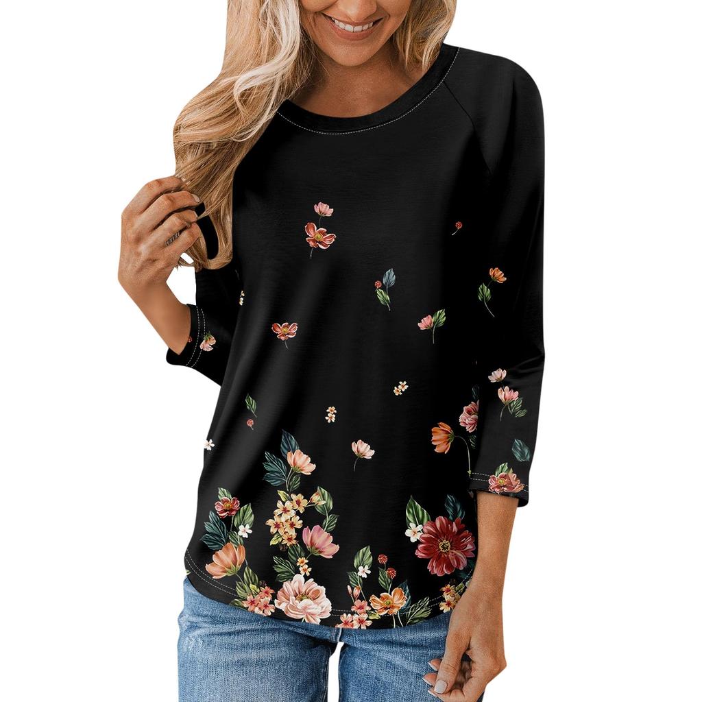 Košile pro dámskou módu Ležérní Raglánový rukáv kulatý výstřih 3/4 rukáv Volný Potištěné tričko Dámské Top