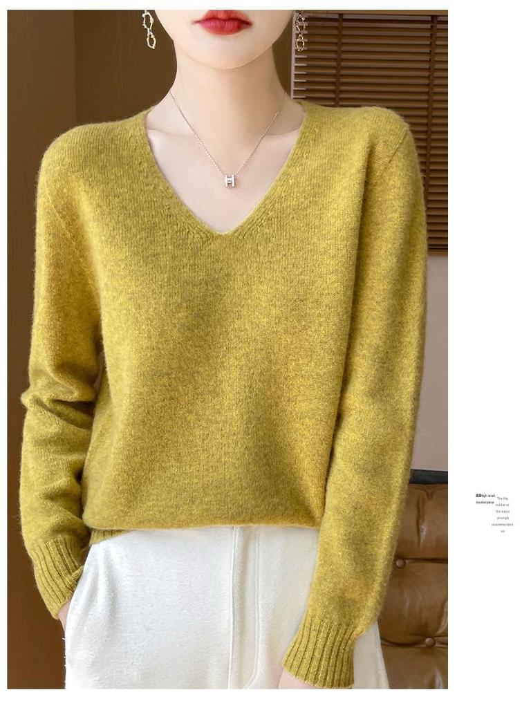 Minimalist 100% Wool V-Neck Sweater: Seamless, Solid Color, Long Sleeve, New Women's Knit