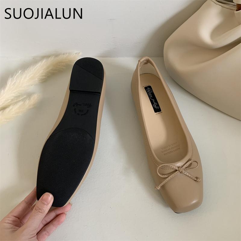 Fashion SUOJIALUN 2025 New Women Flat Shoes Fashion Square Toe Shallow Slip On Ladies Casual Ballet Shoes Soft Leather Outdoor Loafers S