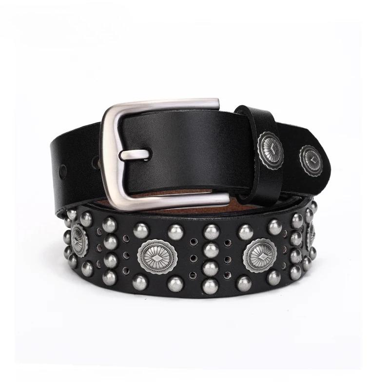 Hochwertiger Cowboygürtel mit Metallnieten, Top-Grain-echtes Leder, Rindsleder, Herrengürtel, Punk-Nieten, Jeansgürtel für Männer