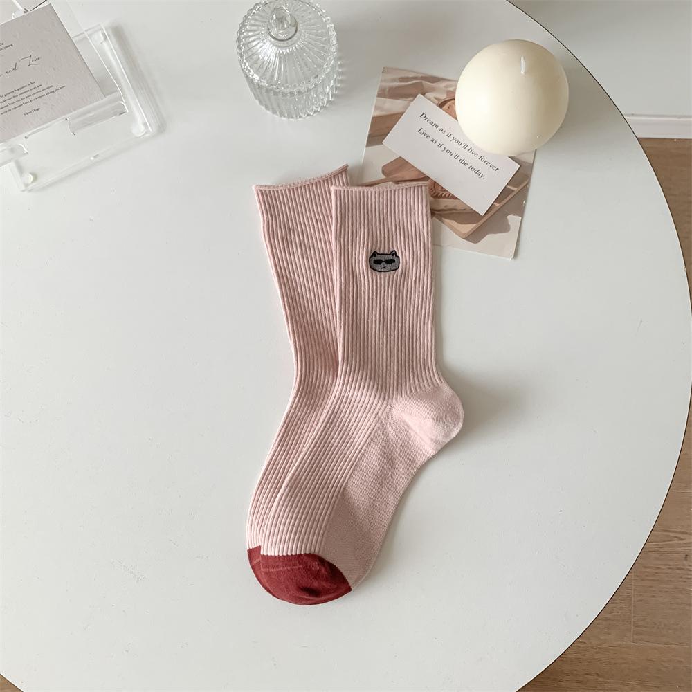 Dongdaemun Women'S Socks Double Needle Cartoon Expression Smiley Face Animal Embroidery Women'S Cotton Socks Medium Tube Socks Stacking Socks