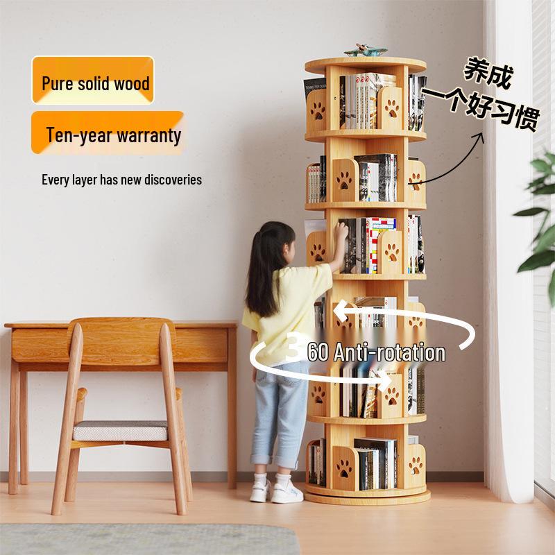 Solid Wood Rotating Bookshelf: Children's Picture Book and Toy Storage Rack