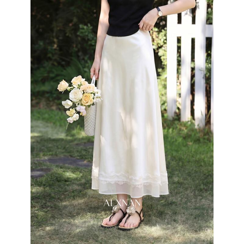 Women s Apricot Satin High-Waist A-Line Midi Skirt with Lace L