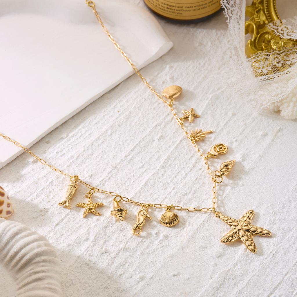Bohemian Shell Starfish Scallopes Pendant Necklace For Women Ocean Series Seahorse Fish Coral Choker Beach Vacation Jewelry
