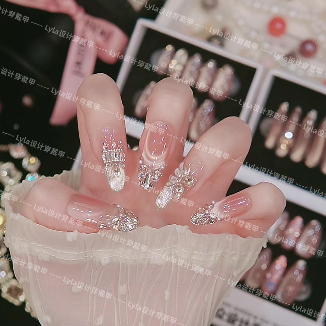 Nude Pink Translucent Rhinestone 3D Bow Cat Eye French Handmade Nail Art