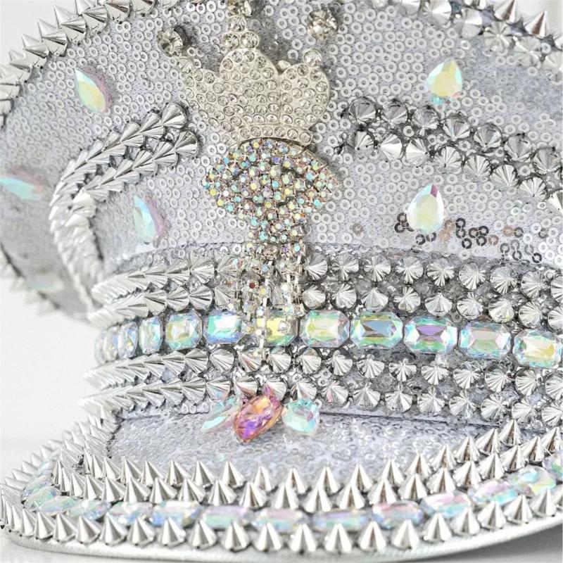 Captain Cap With Sparkling Crystals Sequins Rivet Studdeds For Daily Wear Outdoor Event And Special Occasion Photoshoots