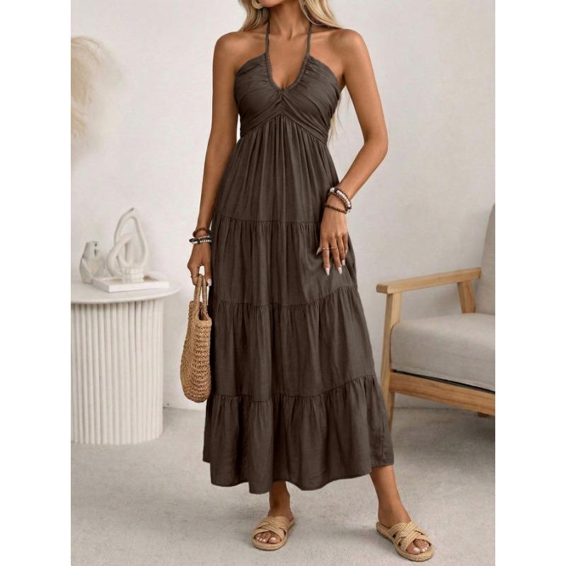 2026 Summer Hanging NeckPleated Elasticity Dress Loose Vacation Style A-line Dress Fashion Backless Slim Fit Sweet Dress Solid Color Clothing