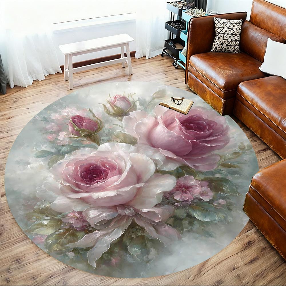 1pc Rose Bouquet Round Chair mat Area Rug - Non-Slip, Floor Mat for Office, Bedroom, home decor Christmas Gift-1002332