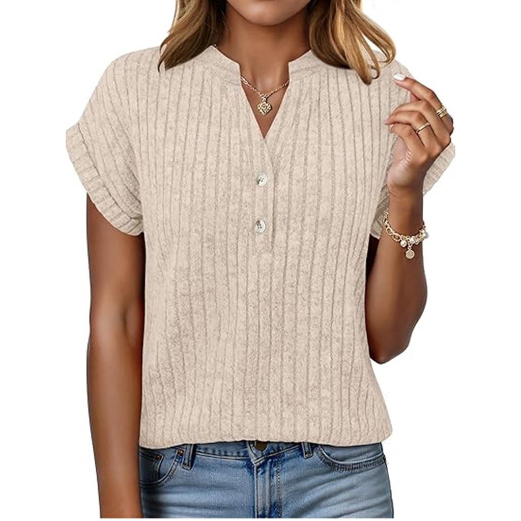 Women's Casual Fashion New Short,Sleeved Button,Up V,Neck Top