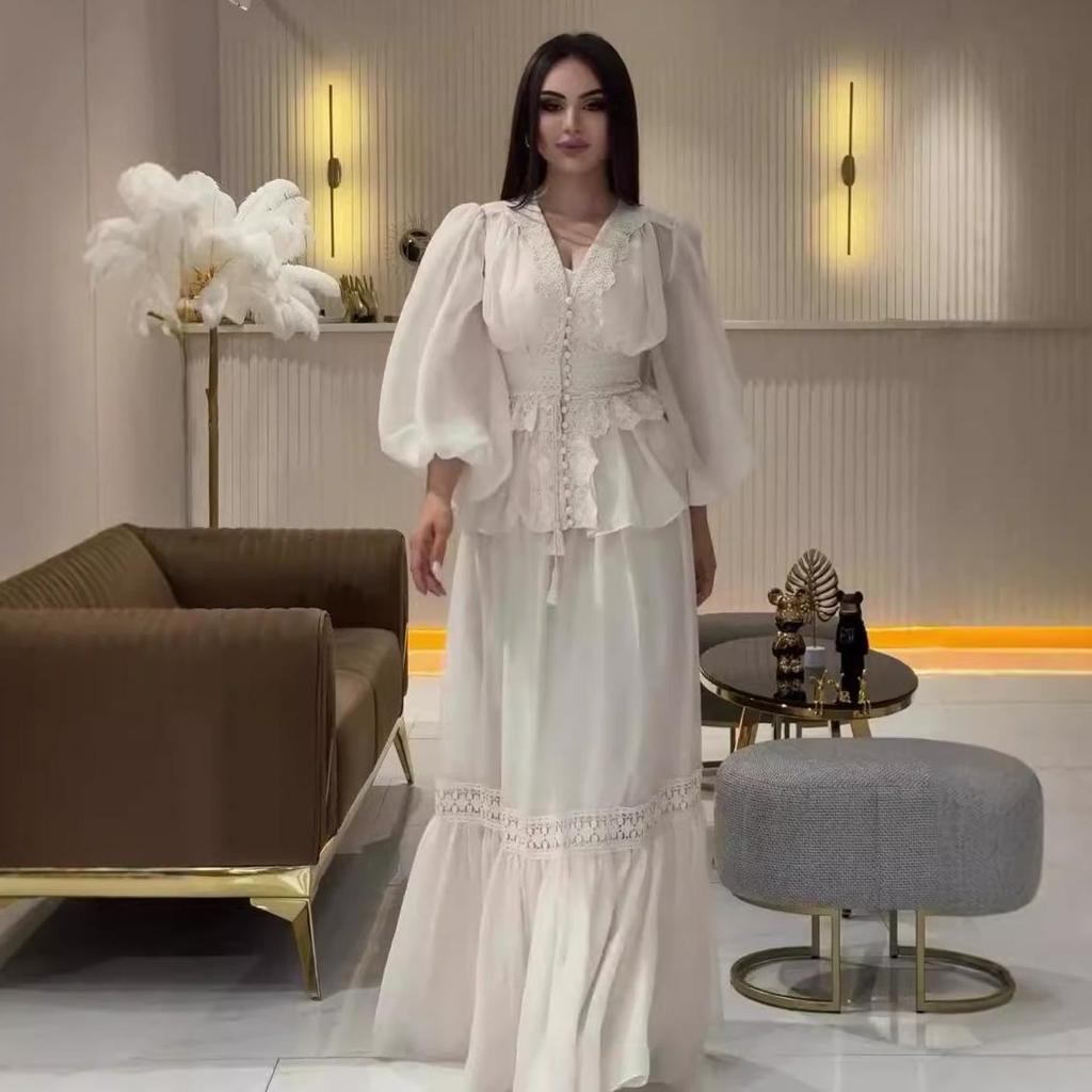 2024 Summer European & American Women's Solid Ruffle Top & Elegant Midi Skirt Set