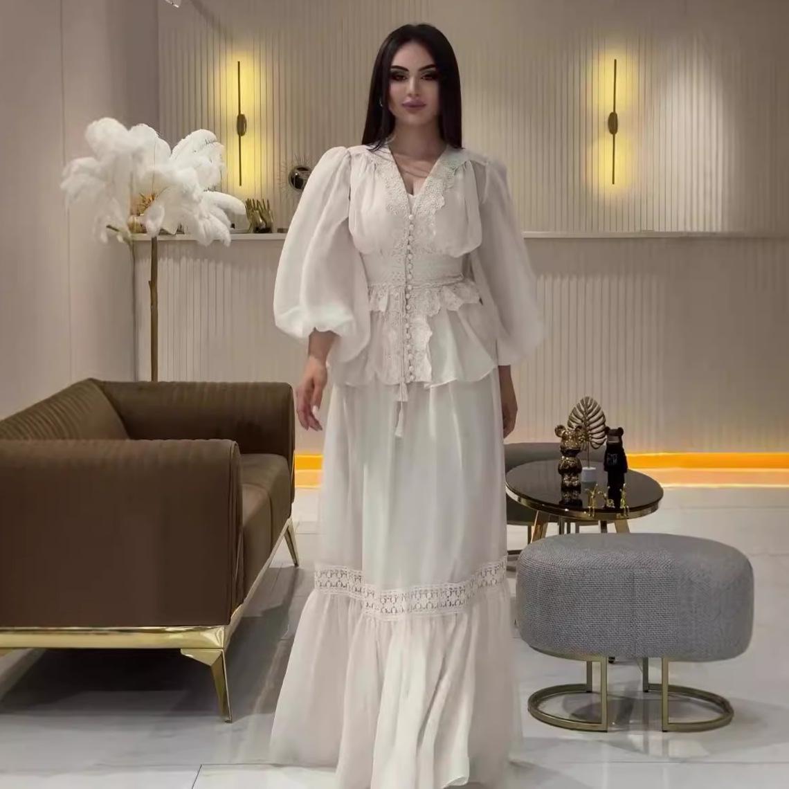 

Летний европейско-американский женский комплект из однотонного топа с оборками и элегантной юбки миди Medium белый