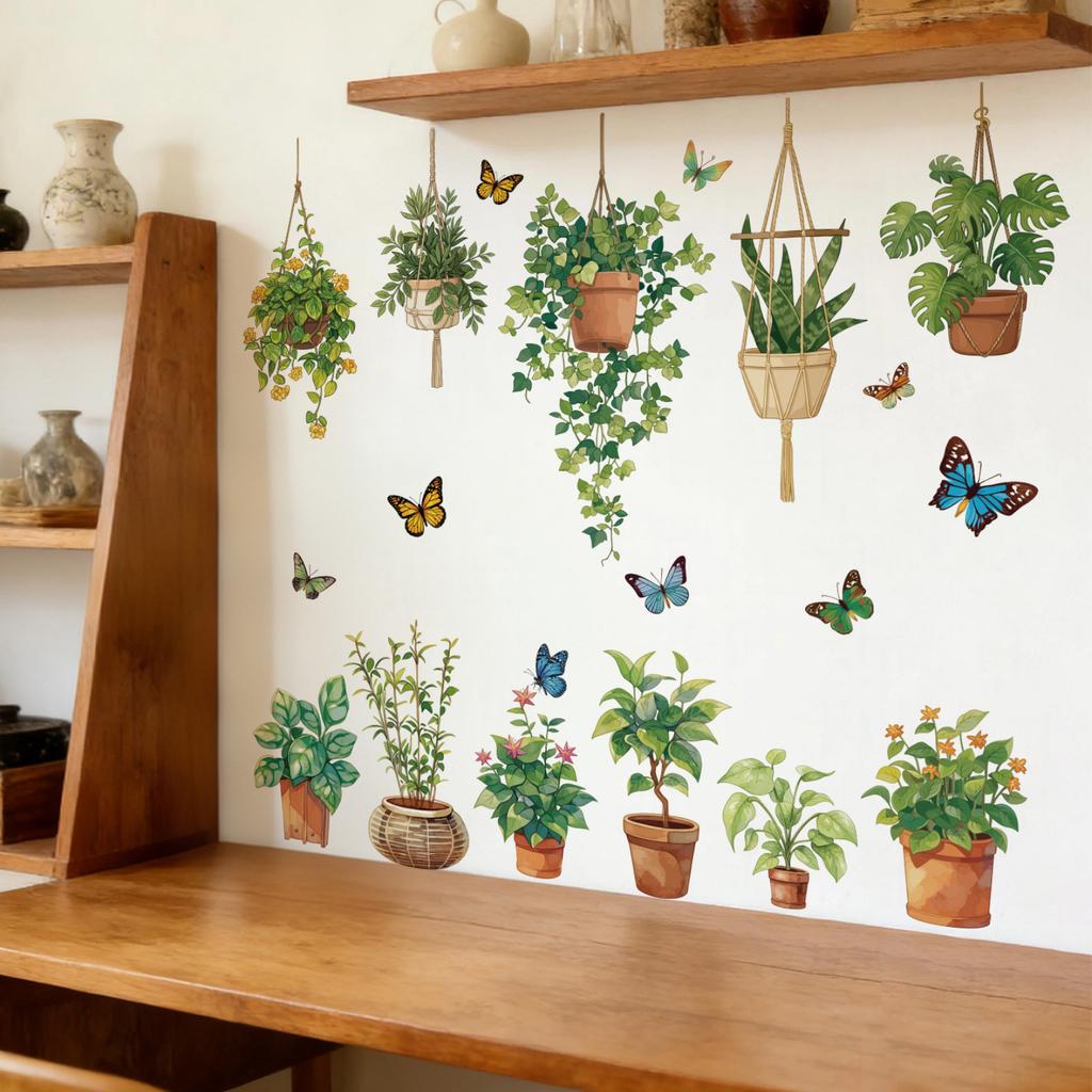 Green Plant Leaf and Butterfly Wall Decals, Peel and Stick Removable Stickers for Bedroom Living Room Sofa Wall Decor
