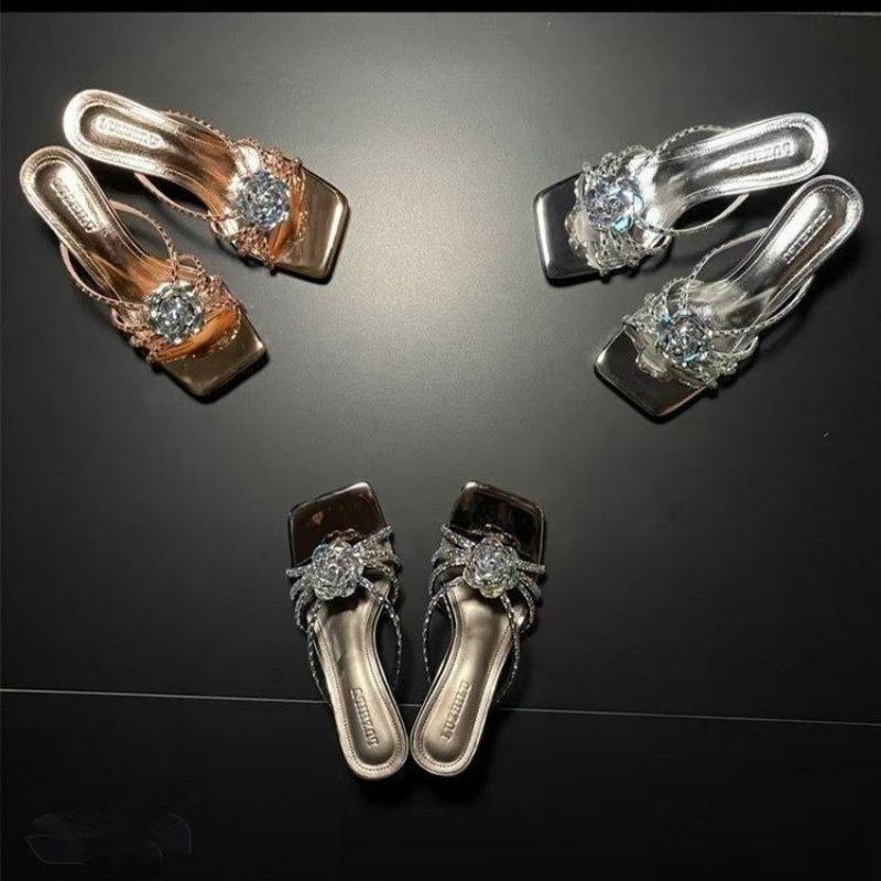 Summer Silver Sugar Cube Rhinestone High Heel Cool Slippers with Square Head High Heels Temperament Thick Heel Sandals Women