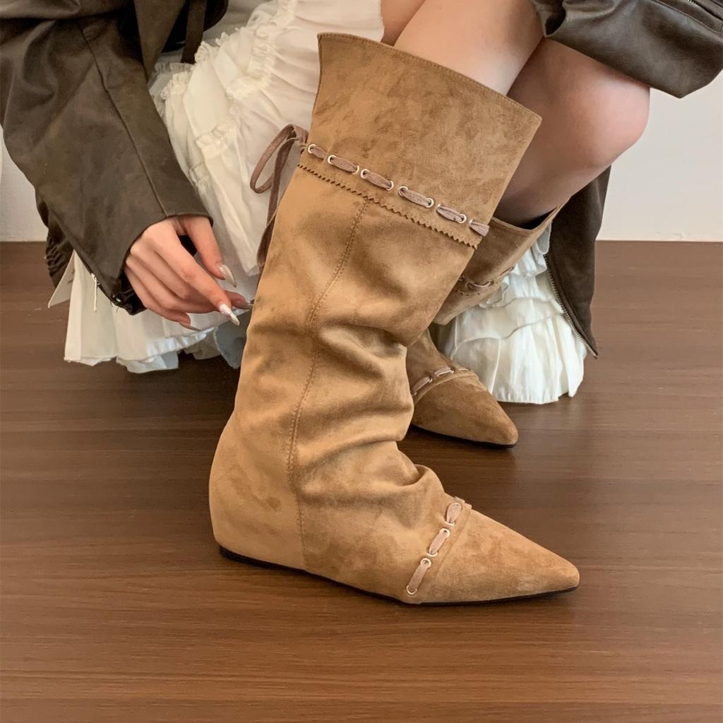 Retro pointed pleated piled boots women's foldable two-wear Spice Girl western cowboy boots inner height-increasing and thin boots