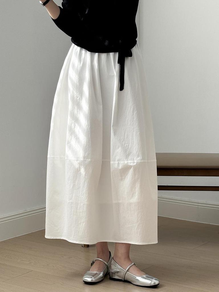Women's French Style White Midi Skirt, High Waist, Petite A-Line Umbrella Design, Summer 2025 Collection.