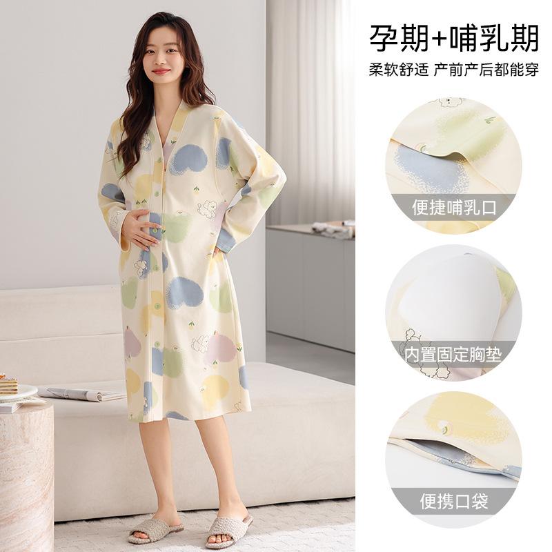 Pyjama mit Brustpolstern Damen Frühling und Herbst Baumwolle Langarm Mutterschaftsröcke Wochenbettkleidung Nachgeburt Schwangerschaft Stillen Dünn