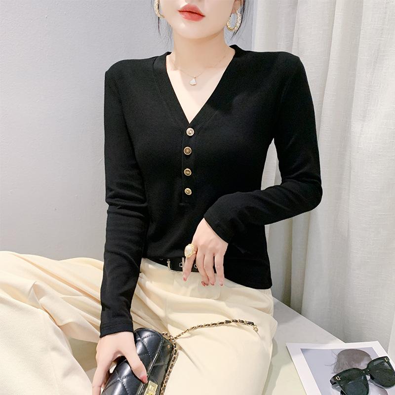 Sexy V-neck Button Long-sleeved T-shirt for Women's Winter New Fashionable and Versatile Base Shirt Slim Body