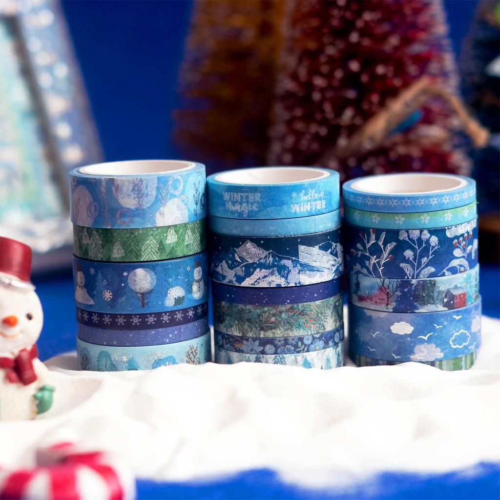 YUBX Winter Masking Tape Blue Washi Snow Silver Foil Narrow for DIY Gift Decoration Narrow 19-Piece Set, Tape, Pattern, Stamping, Strips, Crafts,