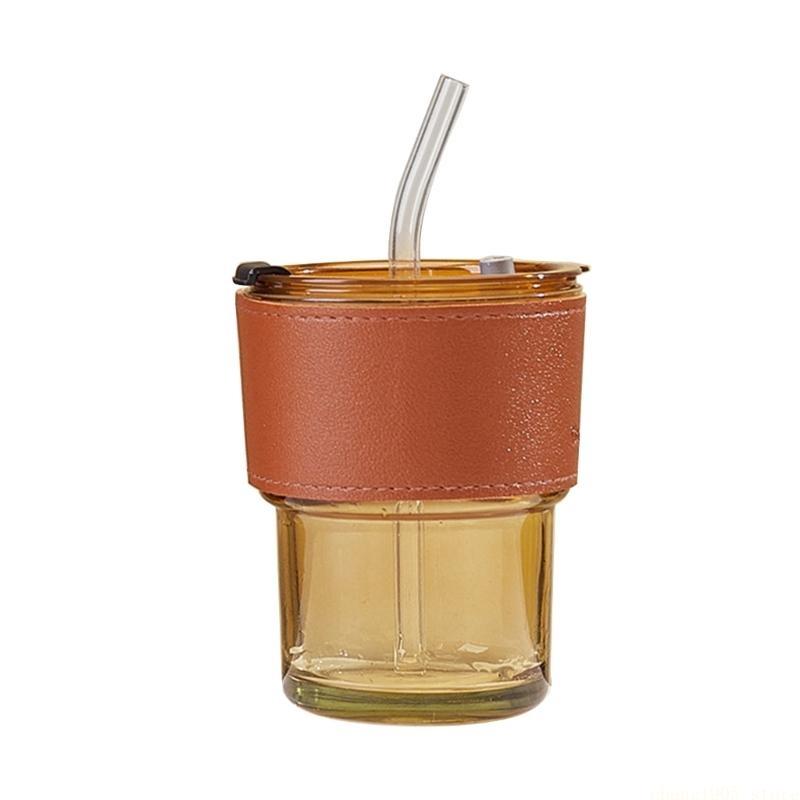 QX2E 400ML Bamboo-Joint Glass Cup With Lid and Straw Transparent-Bubble Tea Cup Juice Glass Beer Can Milk Cups Breakfast-Mug