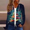 Chaqueta Casual con Capucha y Cremallera de Manga Larga con Estampado Navideño de Moda para Mujer