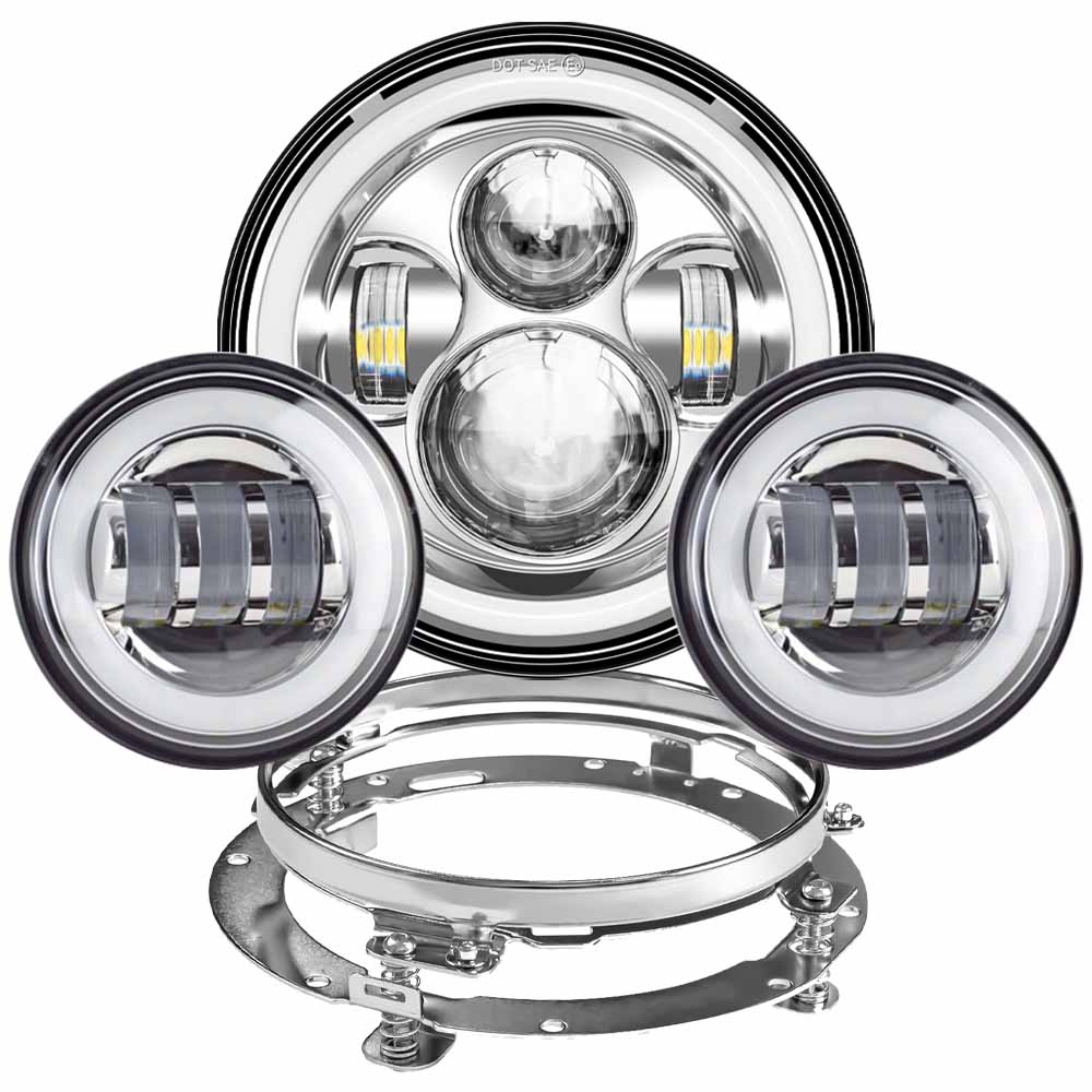 For 7" Led Projector Motorcycle Headlight + 4 1/2 Passing Lights For Touring Electra Glide Black 7 inch led Motorcycle Headlight