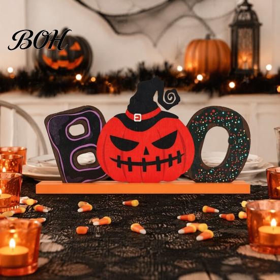 Creative Festival Table Signs Wooden Halloween Ornament, Trick or Treat/Boo/Happy Desktop Decoration Decorative Wood Lettering with Ghost Wizard