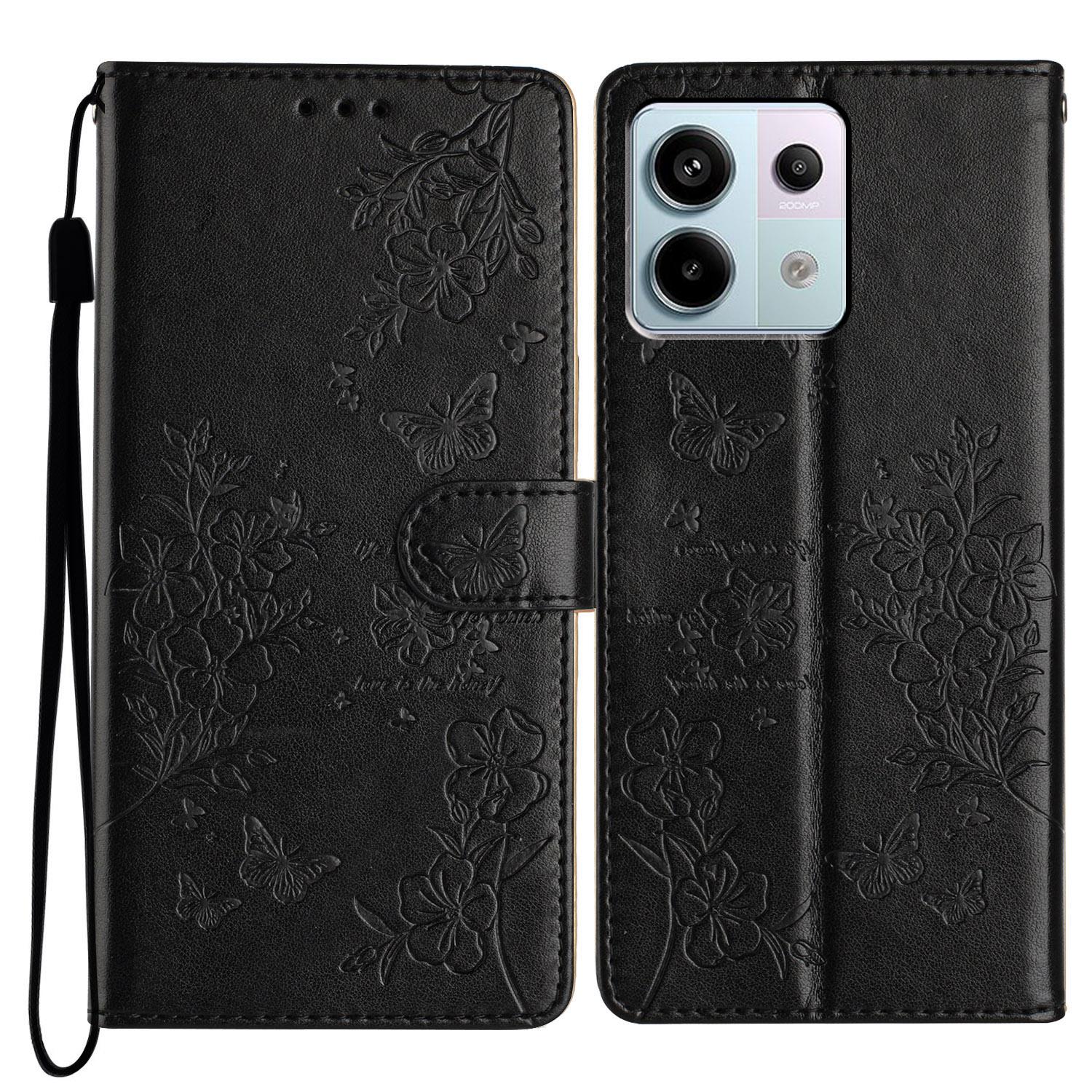 

For Xiaomi Redmi Note 13 Pro 5G/Poco X6 5G Case Butterfly Floral Imprint Leather Wallet Phone Cover Black