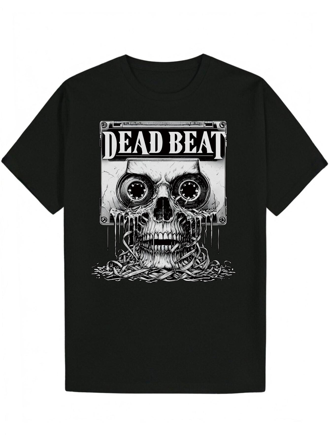 Crew Neck Polyester T-shirt - Skull & DEAD BEAT Graphic Design XXXXL