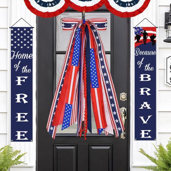 Patriotic Wreath Sash for Front Door Red White Blue Star Wreath Sash Ribbon Accessories for 4th of July Memorial Day Yard Porch Decor