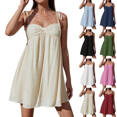 Women Sexy Tie Shoulder Cami Dress Casual Loose Sleeveless Backless Spaghetti Strap Ruched Layered Flowy Dress