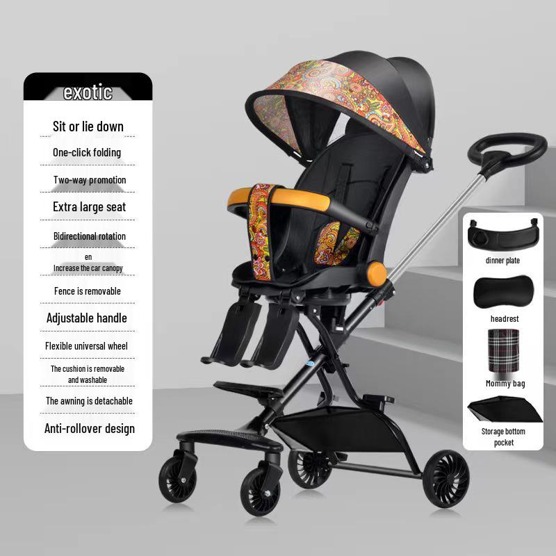 Cărucior pliabil bidirecțional cu șasiu înalt pentru bebeluș, cu patru roți