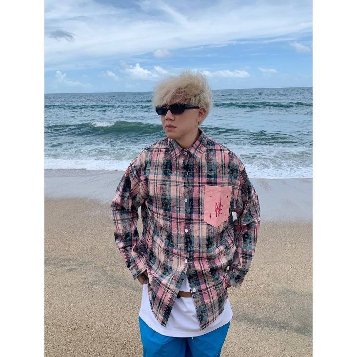

Весна и осень Американская ретро-рубашка с длинным рукавом и вышивкой в клетку Куртка унисекс для пары Рубашка в стиле тай-дай в национальном стиле 3XL розовый